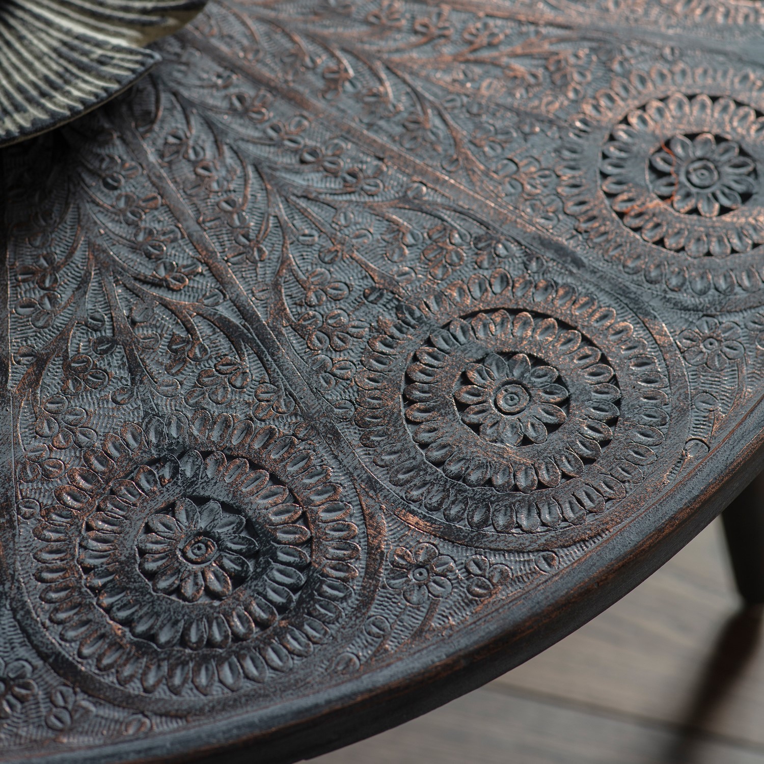 Read more about Small agra patterned round wooden coffee table in grey caspian house